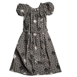 Handmade Brown White Geometric Puff Sleeve‎ Midi Dress Boho Folk Style XS Artsy